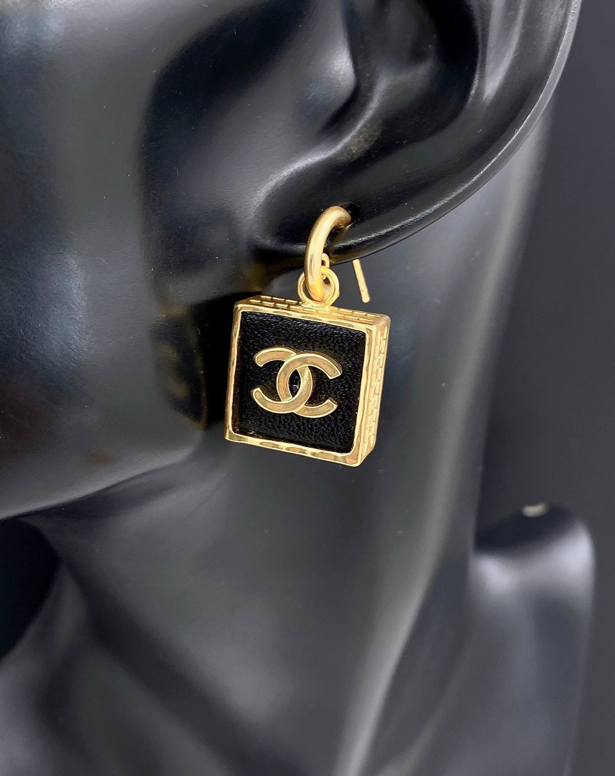 18K  Chanel Black Bag Pendant Earrings